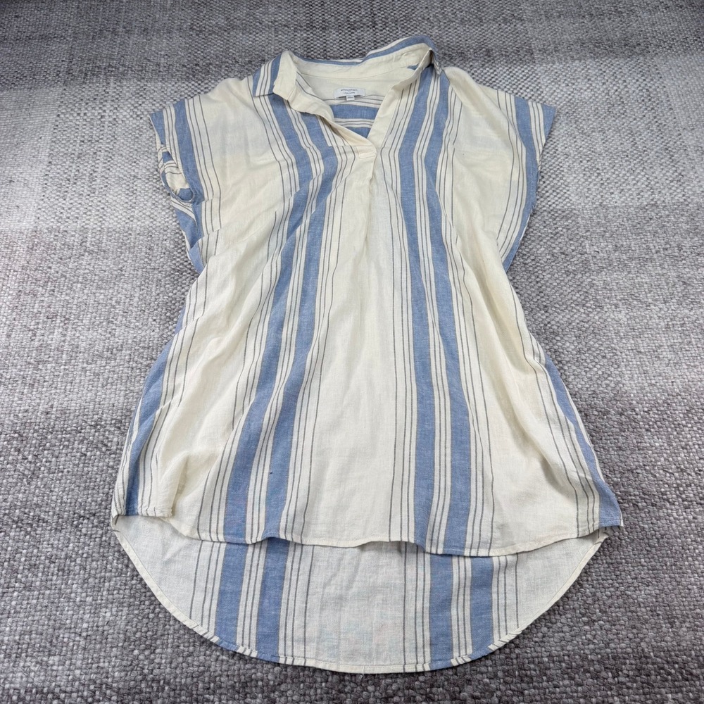 Banana Republic Linen Blend Striped Popover Top Blue White L 460109-00